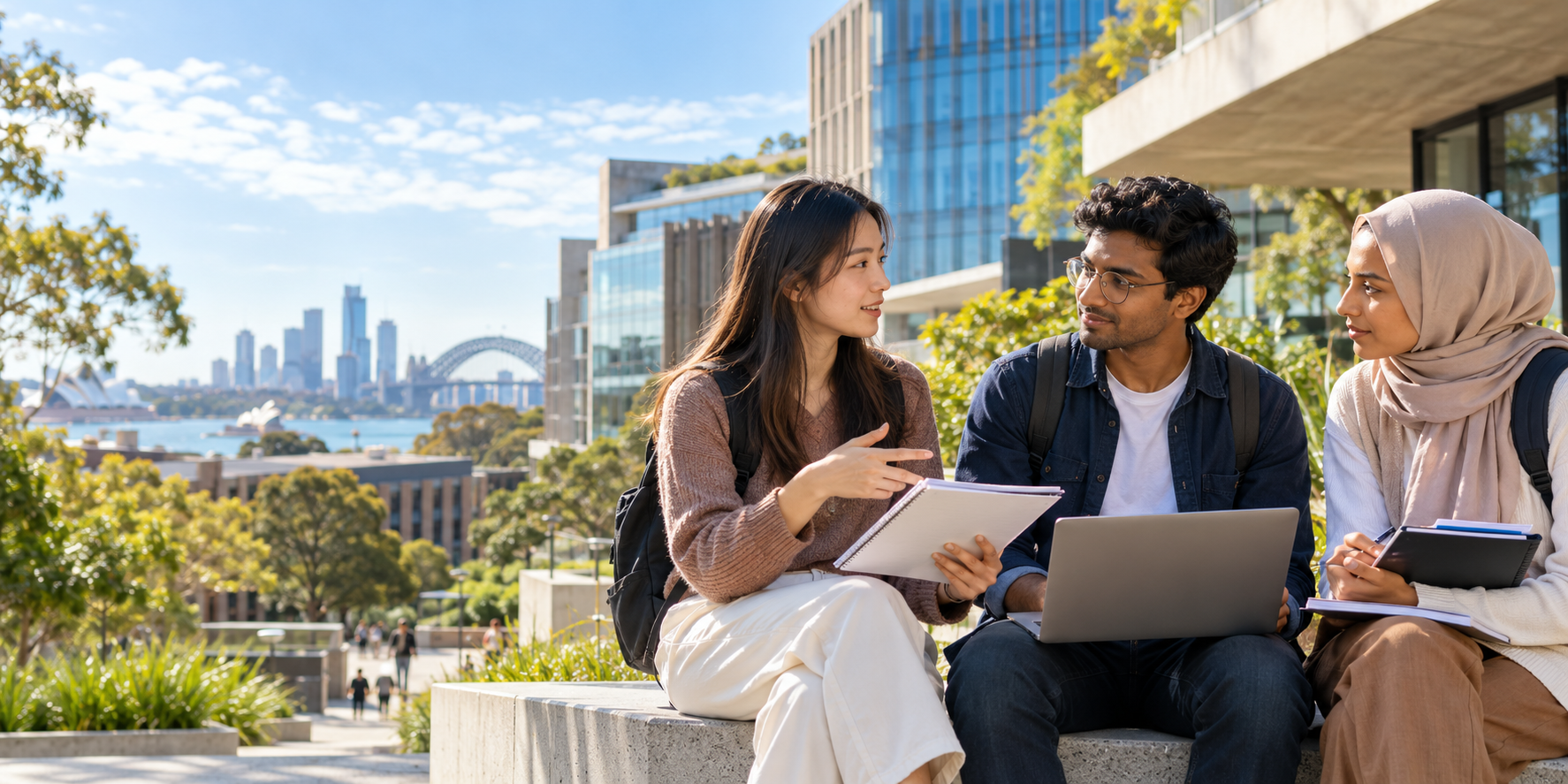 International students discussing research on an Australian university campus